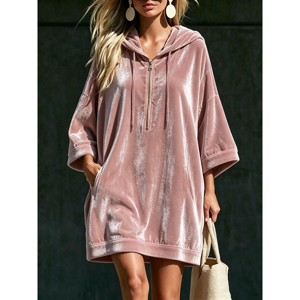 Autumn Winter Velvet Hooded Dress Half Zip 3/4 Sleeve Pocket Long Sweatshirt Dress Women Casual Hoodie Midi Dress
