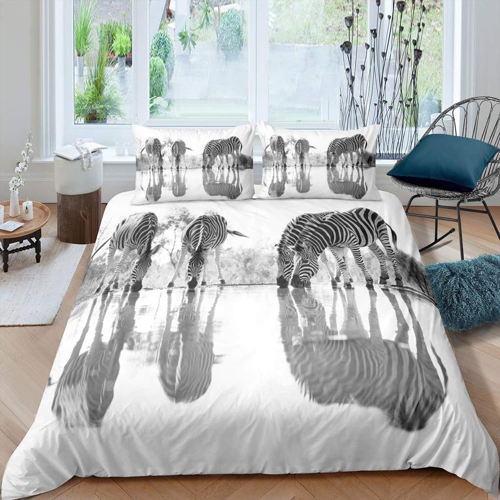 Zebra Print Bedding Set, Striped Zebra Animal Print Decorative Quilted 3 Piece Comforter Cover With 2 Pillow Shams, King Size