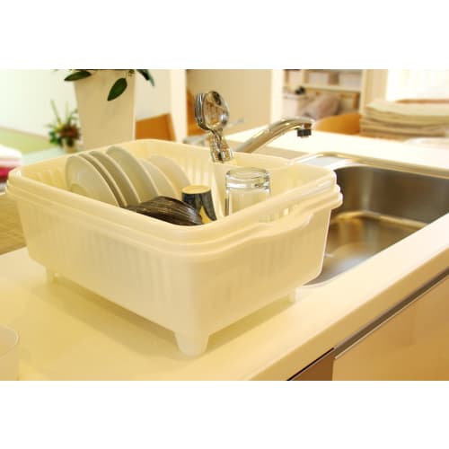 Sanko Plastics Made in Japan Dish Drainer with Dish Stand, Ryu F-1, with Food and Chopstick Holders, Pearl White