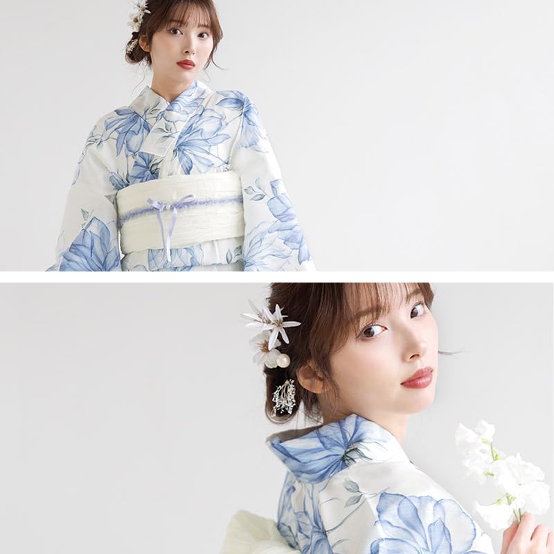 (Dita) Women's Yukata 5-Piece Set, Blue, Light Blue, White, Floral, Watercolor, Transparent, Large Pattern, Easy To Wear by One Person (Pouring White