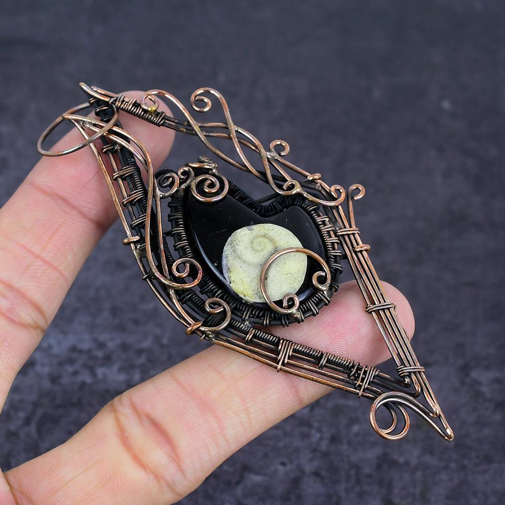 Black Onyx Shiva Shell Gemstone Handmade Copper Wire Wrap Pendant 4.22" Y2z64