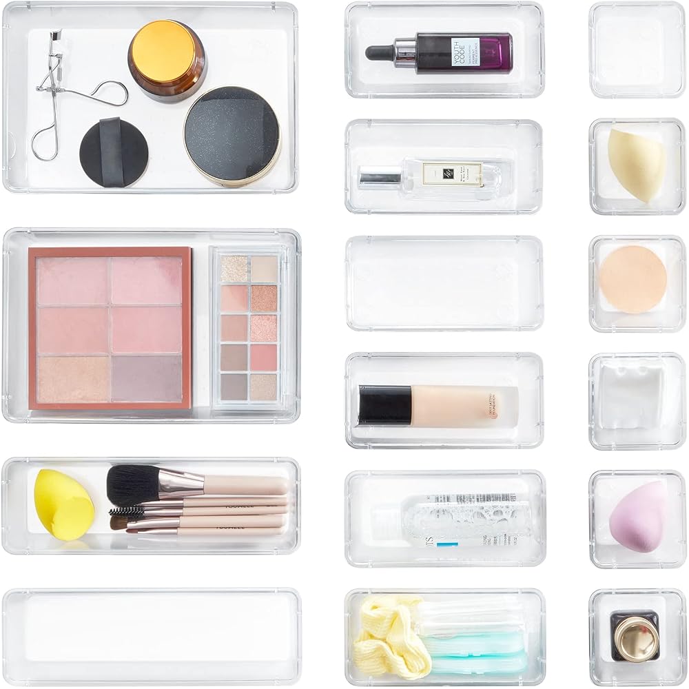 Lifewit Drawer Organizer Tray Set 16 Pieces Clear Plastic Storage Box for Makeup Accessories and Small Items