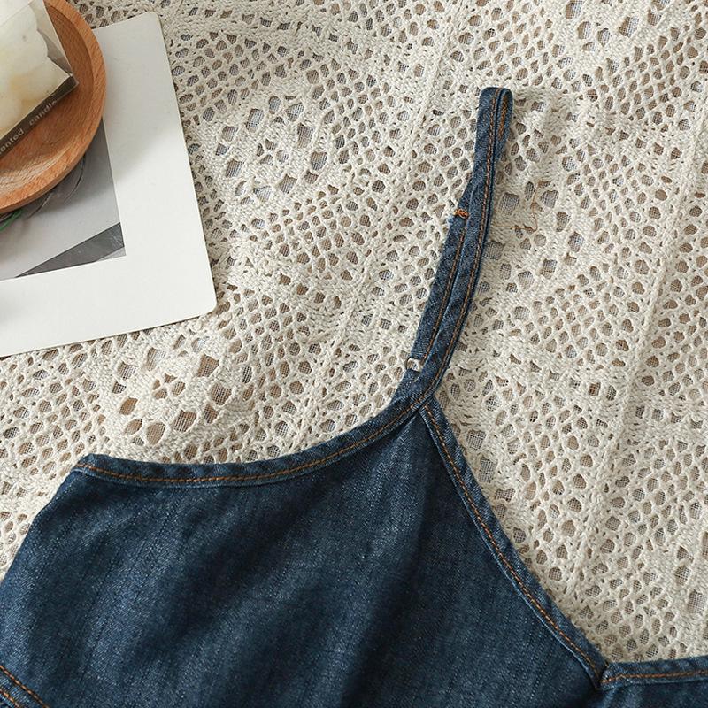 Elegance Casual Stylish Vest Versatile Denim V-neck Camisole Undershirt Female Dark Color Design Sense Hem Ruffled Ruffles Loose Short Tops Summer