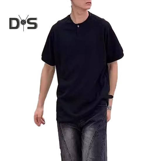 Men Shirt Round Neck Buttons Half Placket Short Sleeve Loose Fit Tops Waffle Texture Casual Tee Shirt Home Gym Streetwear