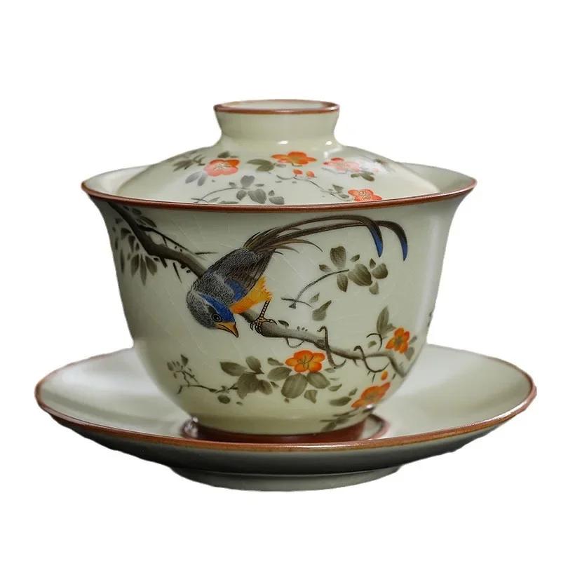 Handgefertigte Keramik Gaiwan Chinesische Teetasse Handbemalte Blumen Sancai Tee-Terrine Reise-Teeschale Porzellan Teegeschirr Set Zubehör