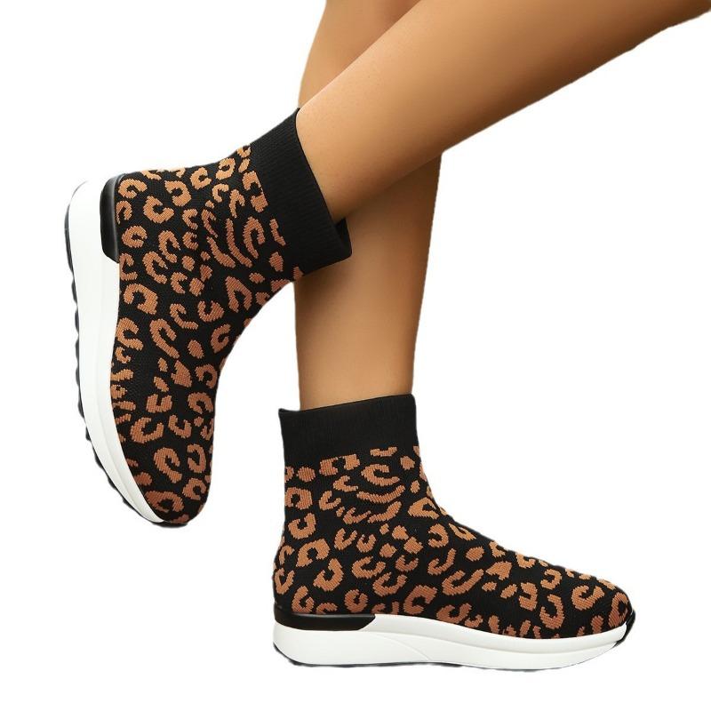 Large size round head knitted short tube leopard print wedge heel platform casual Martin boots women