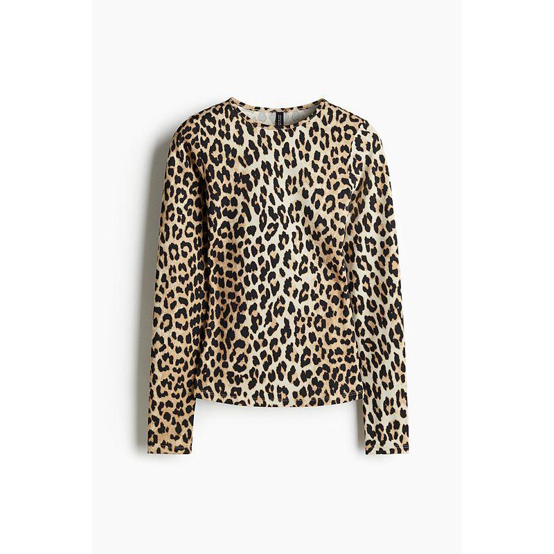 

HM Women s T-shirt 2025 Fall New Arrival Fashion Temperament Printed Crew Neck Inner Slim Long Sleeve Top 1294075 Beige/Leopard print 165/96(M)