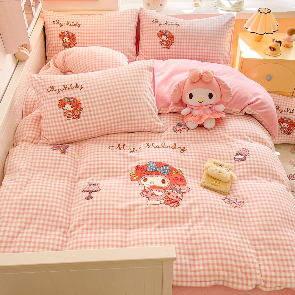 Cat Thickened Milk Fleece Four-Piece Set Cartoon Sticker Embroidered Fleece Quilt Cover Student Three-Piece Set
