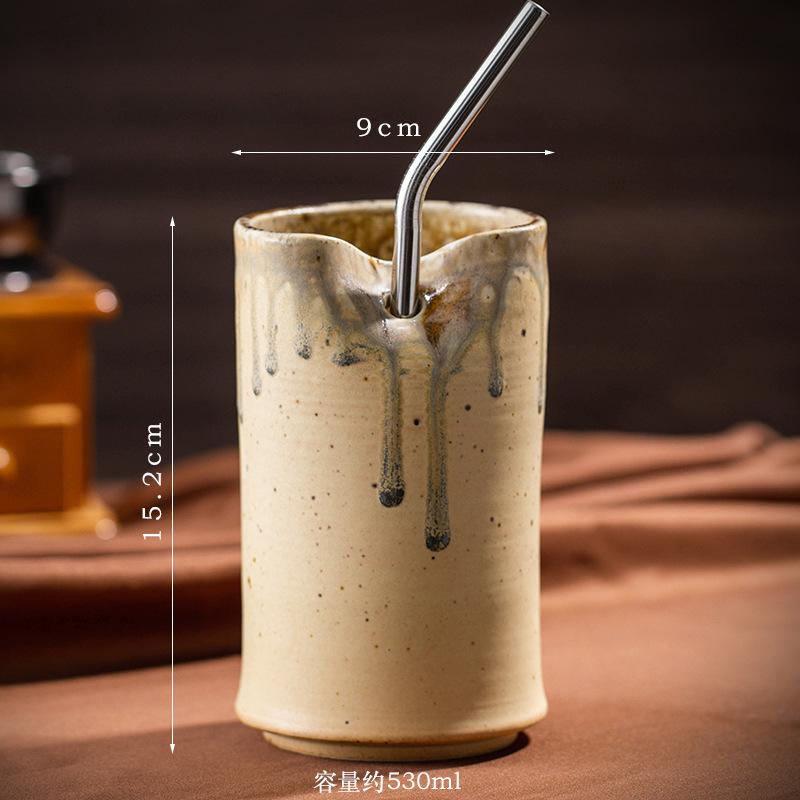 Nordic Retro Ceramic Coffee Cup Creative Shaped Straight Tube Cup Household Coarse Ceramic Straw Mark Cup Drinking Utensil 530ml