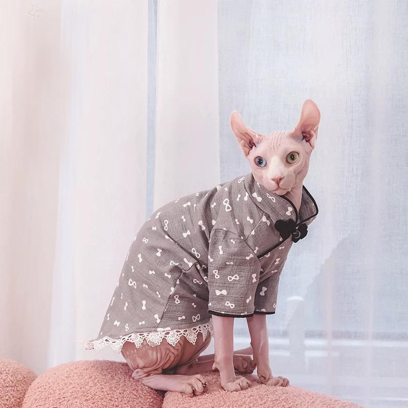 Sphynx Cat Clothes Cheongsam Dress for Kittens Spring Sweet Vest for female Cat Vintage Cardigan T-shirt for Devon Rex
