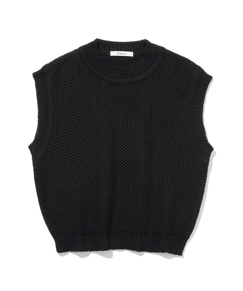Knitted Cotton Natural Round Vest Black