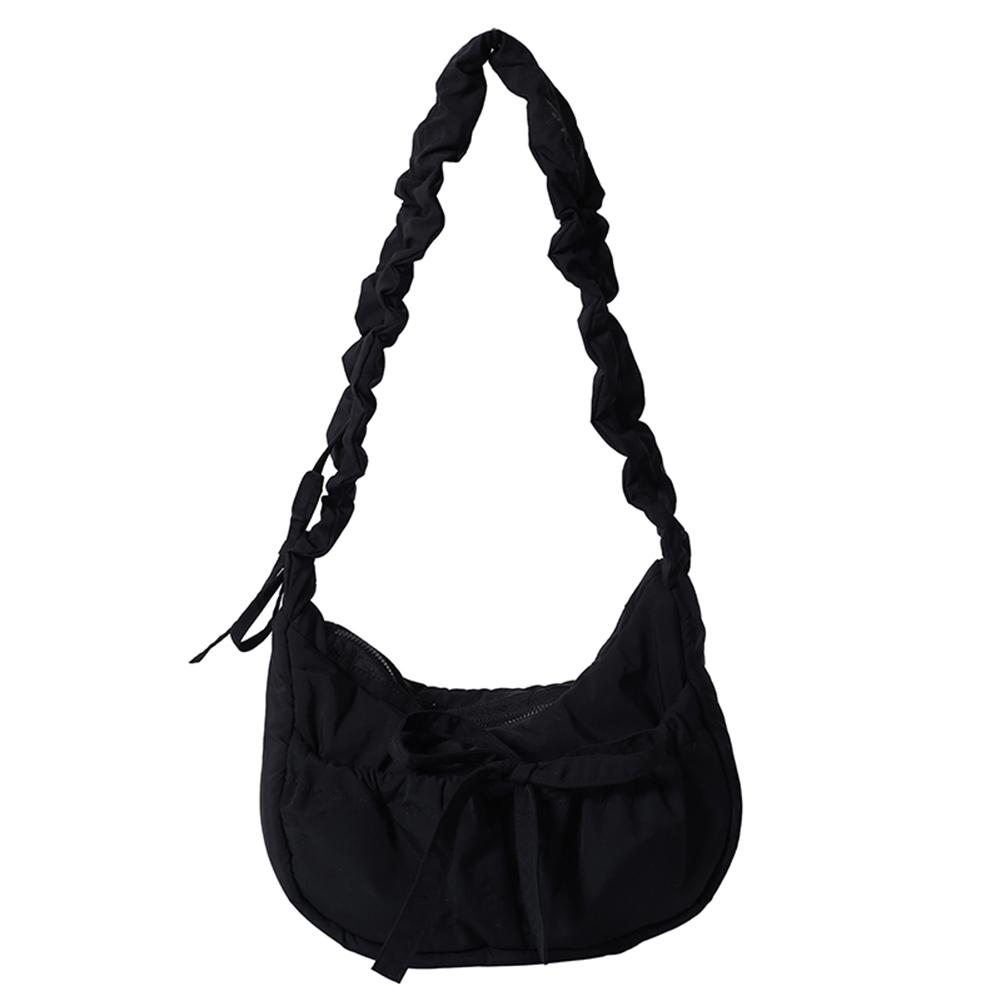 Women Casual Underarm Bag with Ruched Drawstring Strap Bow Leisure Satchel Bag Solid Color Cute Sling Bag Female Daily Handbag