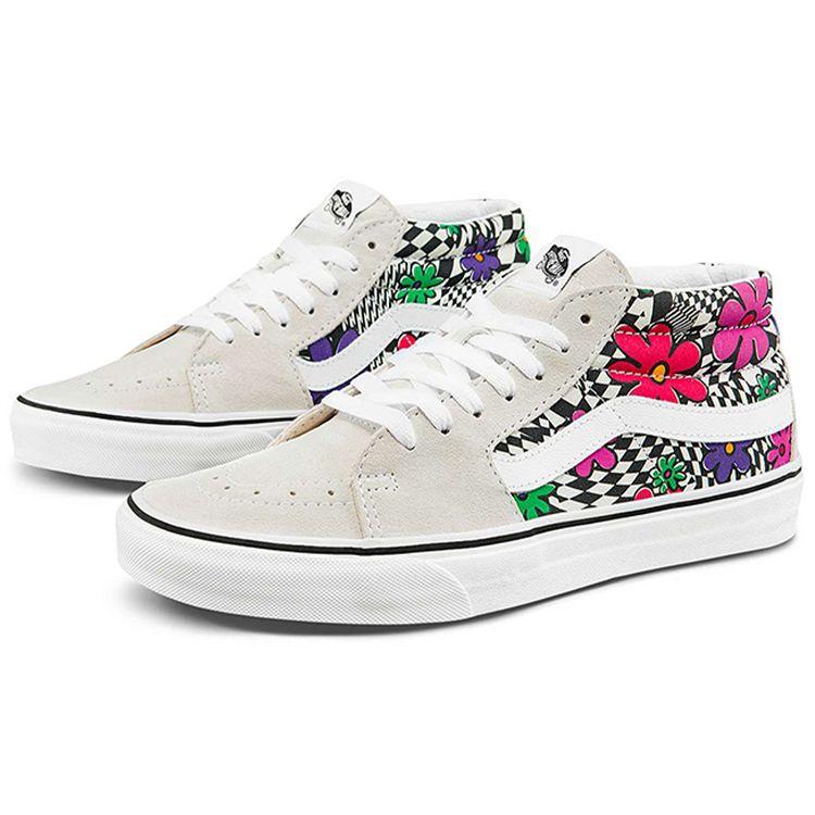 Vans Sk8 Cushioning Durable Lightweight Breathable Mid-Top Skate Shoes Women Sneakers White Gray Floral VN0A3WM340G