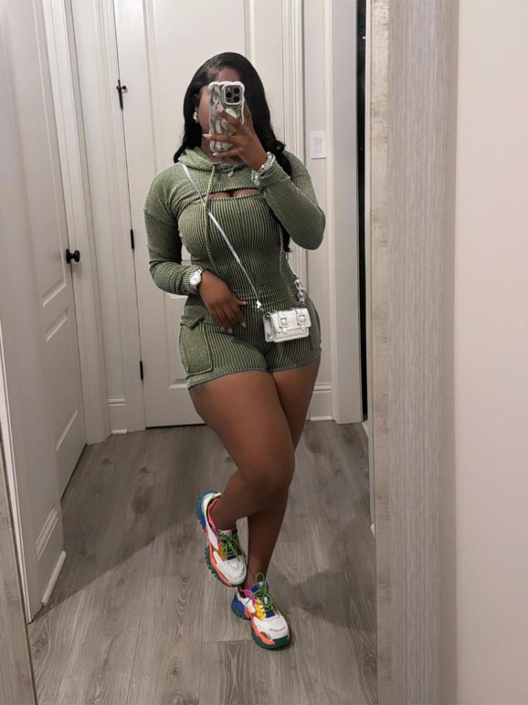 Women Solid Ribbed Two Piece Set Long Sleeve Hooded Cape + Pockets Spaghetti Straps Playsuits Fashion Stretch Streetwear Suits