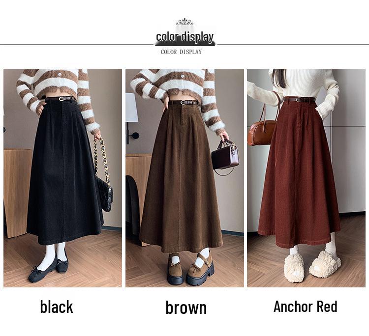 Women's High Waist Corduroy Midi Skirt - 2025 Autumn Winter Korean Style, Large Flare Pleated Design
