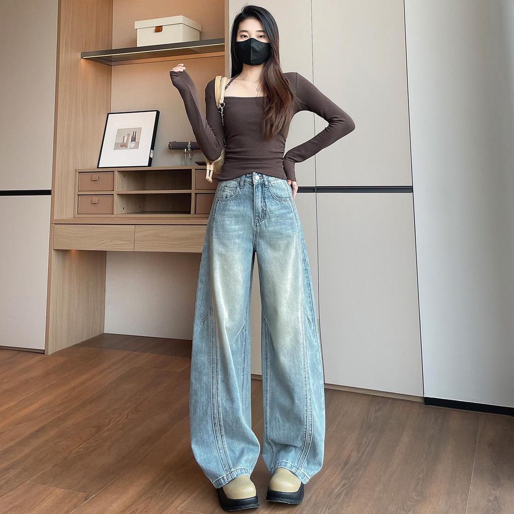 Fashionable Loose Wide-Leg Patchwork Jeans for Women - Design-Forward Curved Leg, Floor-Length, New Spring and Autumn Style
