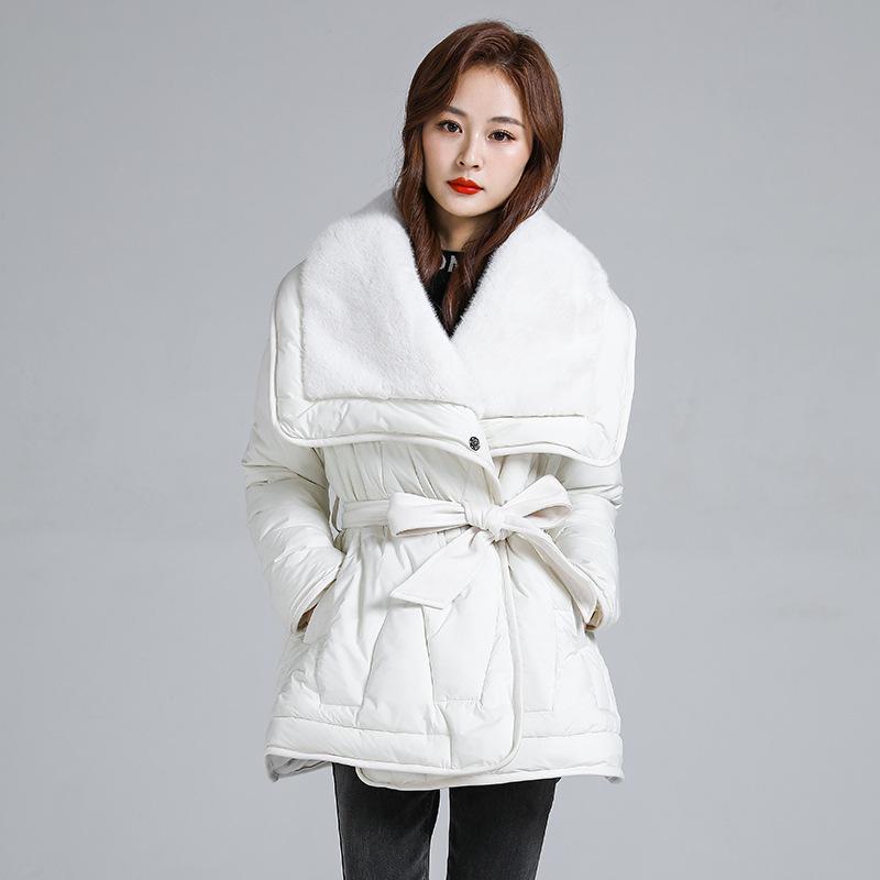 

Women s windproof lapel fur collar fluffy warm and cold loose loose mid-length casual sports jacket high quality fabric cotton jacket coat S білий