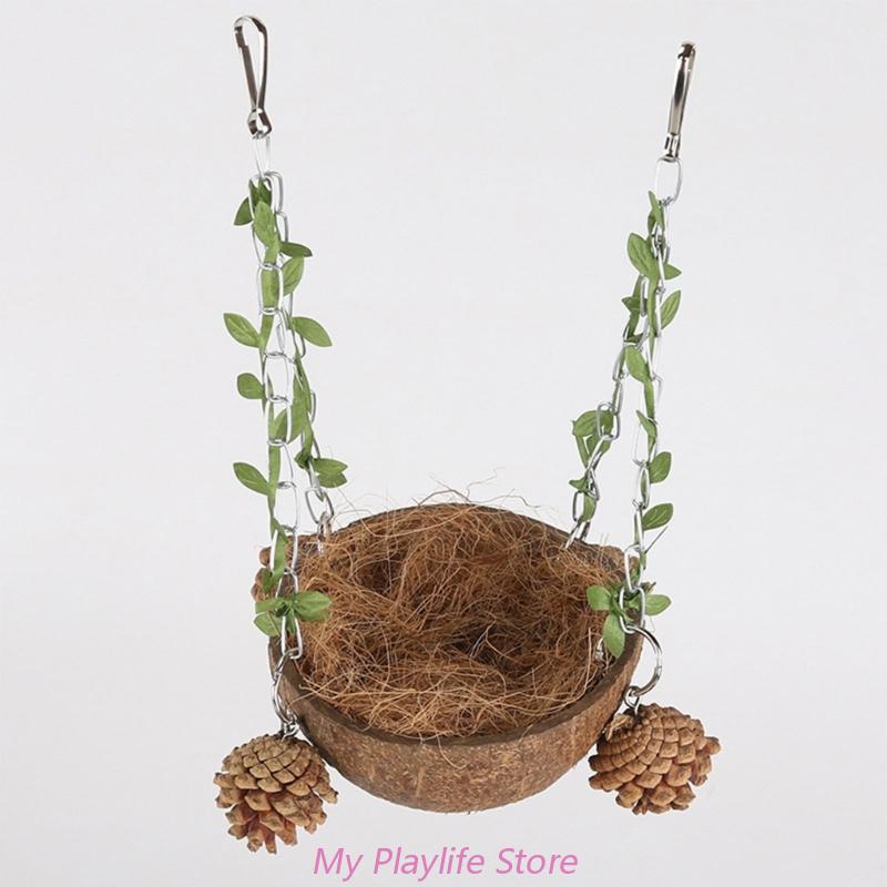 Hanging Bird House Cage Coconut Bird Nest Parrots Hanging Bed Breeding Nesting Bird Swing Toy With Chewing Toy Bird Supplies