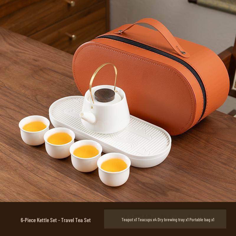 Portable White Ceramic Kung Fu Teapot and Teacup Set for Outdoor Travel