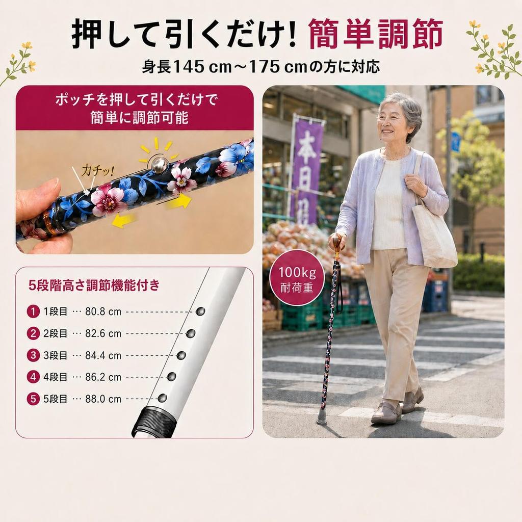 Rehand Women's Folding Cane, Lightweight Walking Stick with 5-Stage Adjustable Wooden Handle - Perfect Gift for Respect for the Aged Day or Mother's D
