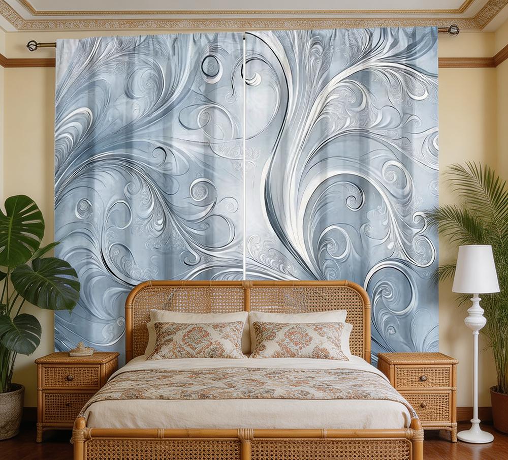 2PCS Digital Printed Curtains, Ocean Blue Wave Swirl Nautical Coastal, Rod Pocket Window Drapes for Living Room Bedroom Decor
