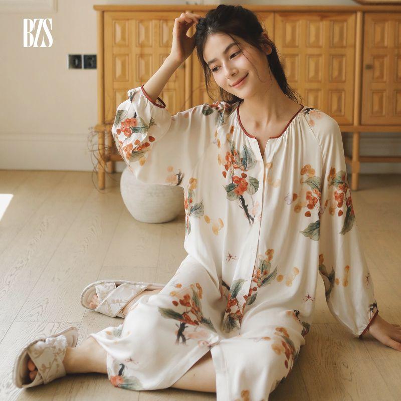 24 Autumn New Women's Rayon Satin Sweet Mori Fruit Outwear Print Cardigan Long Sleeves Home Nightdress