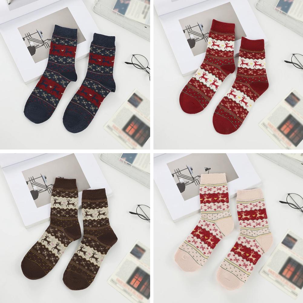 5 Pairs Women Winter Warm Socks Retro Fashion Middle Tube Deer Print Thick Rabbit Sheep Wool Socks Christmas Elk New Year's Sock