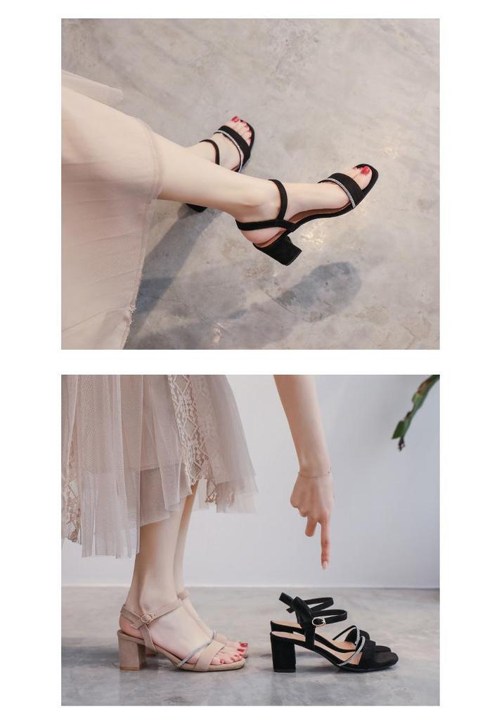 2026 Black Chunky Heel Sandals: Women's Simple Single Strap Versatile High Heels for Summer Skirts