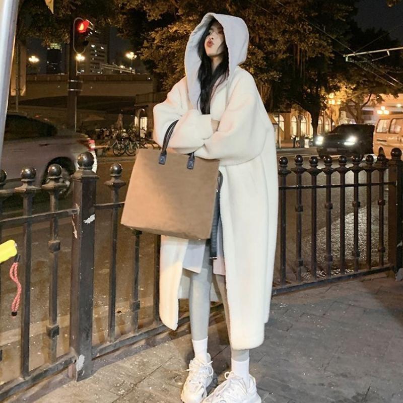 Women Hooded Coat Fake Two Pieces Spring Korean Long Sleeves Lamb Causal Midi Jacket Women Single Breasted Outwears