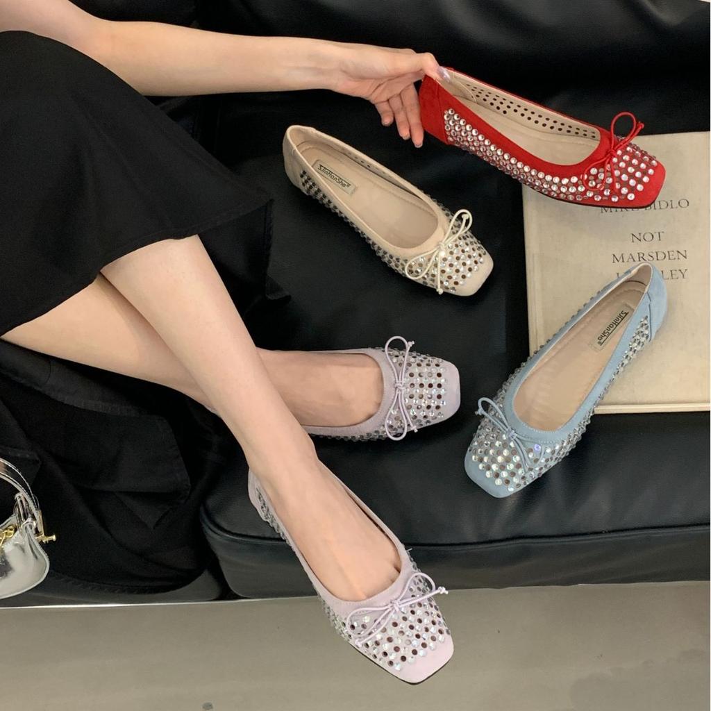 2025 spring and autumn new Korean version spring new fashion sequined bow women's single shoes flat bottom shallow mouth Mary