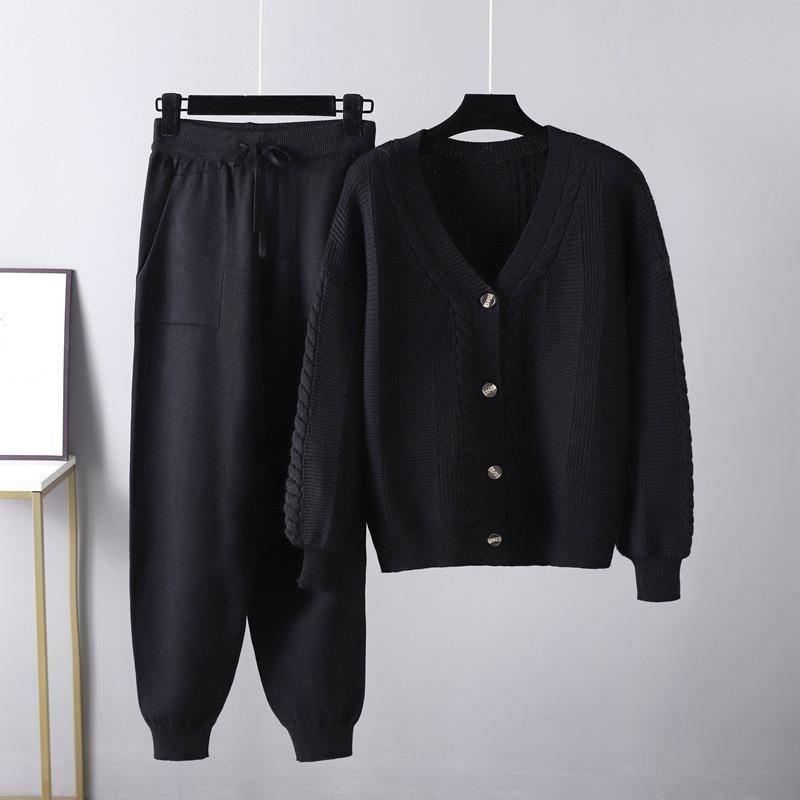 Large size women's clothing new autumn and winter knitted two-piece set twist cardigan solid color set sweater women