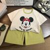 Children's Cartoon Beige Printed Hemp Cotton T-Shirt Set - Short Sleeve, Round Neck, Thin Base Layer for Boys and Girls.