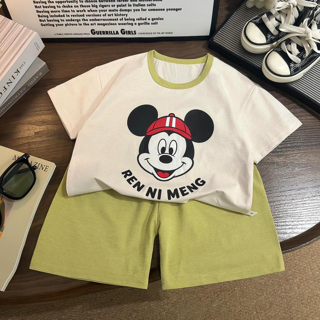 Children's Cartoon Beige Printed Hemp Cotton T-Shirt Set - Short Sleeve, Round Neck, Thin Base Layer for Boys and Girls.