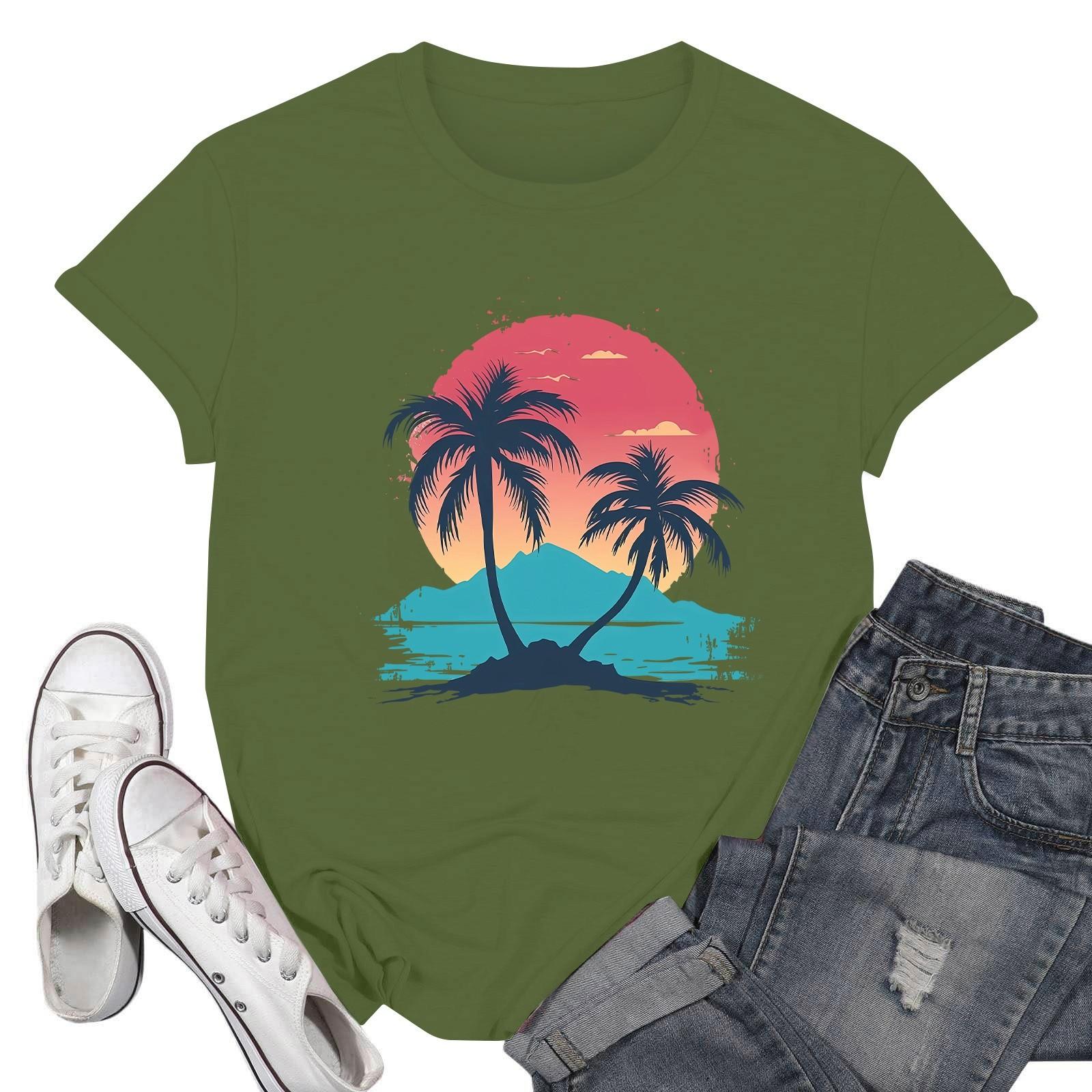 

Женские модные повседневные пуловеры с короткими рукавами и круглым вырезом с принтом L армия зеленый