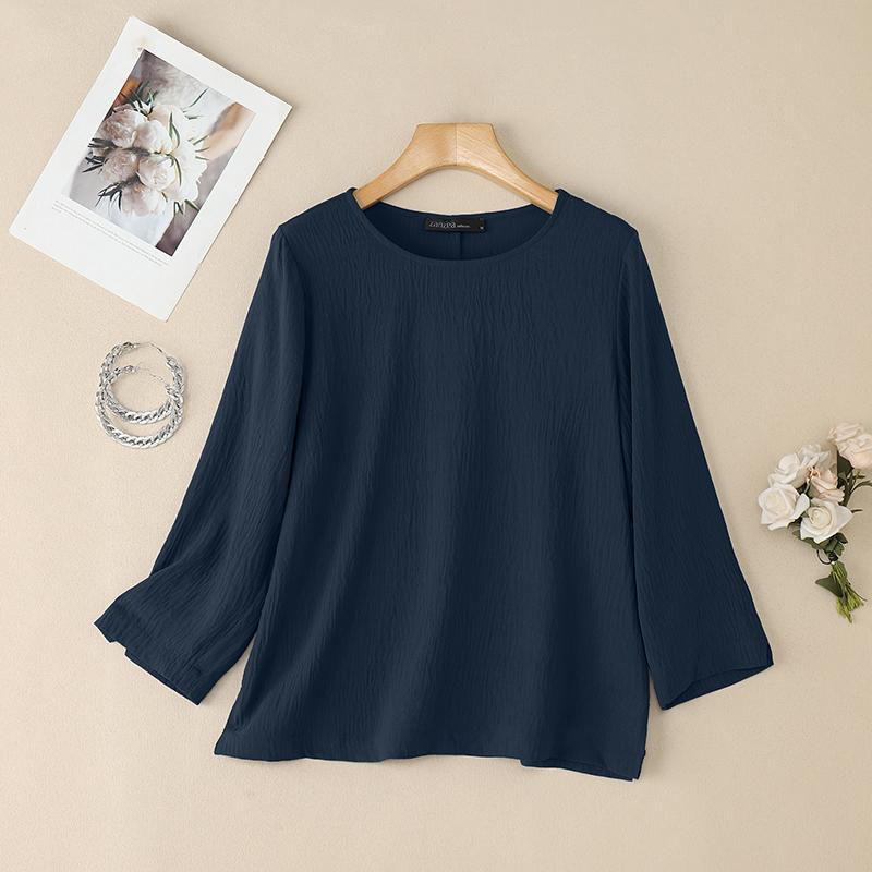 ZANZEA Women Casual Round Neck Solid Color Loose 3/4 Sleeve Blouse