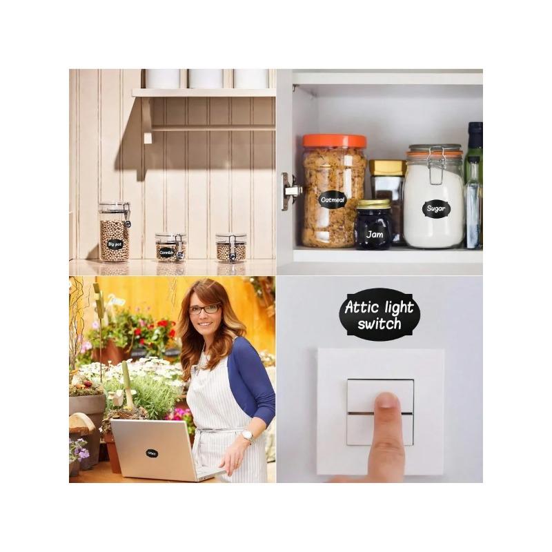 120 Stück Schwarze Wasserdichte Wiederverwendbare Etikettenaufkleber mit Weißer Kreide für Einmachgläser, Bastelraum, Lagerräume, Glasflaschen, Organisation