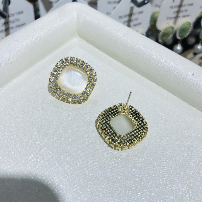 Big Opal Square Crystal Stud Earrings for Women Sweet Punk Simple Rhinestone Geometry Party Jewelry Girl Gift