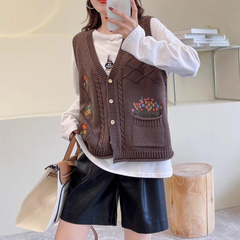 Strickweste mit Hohlstickerei für Damen, einreihig, ärmellos, V-Ausschnitt, Strickjacke, Harajuku-Pullover, Jacke, Herbst und Winter