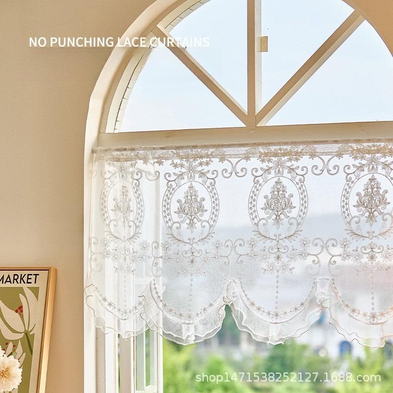 French Style Ruffled Lace Short Curtains Luxurious Embroidered Chiffon Fabric Curtains No Drilling Required Suitable for Home Doors Windows, and Cafes