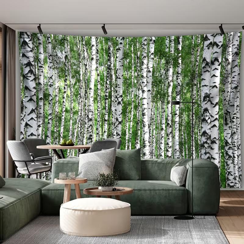 2D Frisch-Birkenwald-Wandteppich, Hoher Weißer Birkenbaum Wandbehang, Grüne Naturlandschaft Dekor