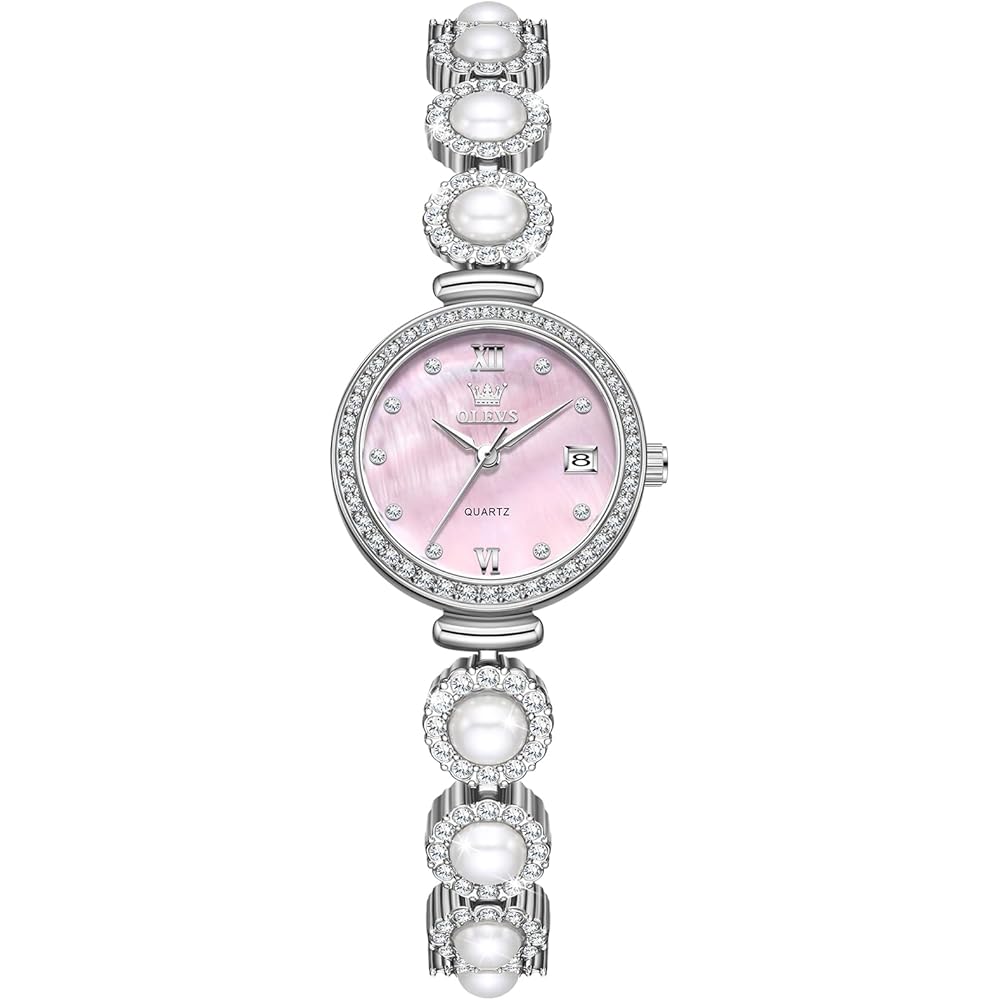 Olevs Women s Analog Quartz Watch Silver Metal Band Waterproof Simple Design Pearl Dial Pink 28mm Ladies Bracelet Watch