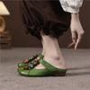 Johnature Retro Genuine Leather Colored Flower Round Toe Slippers Soft Soled Low Heel Comfortable Women's Slides
