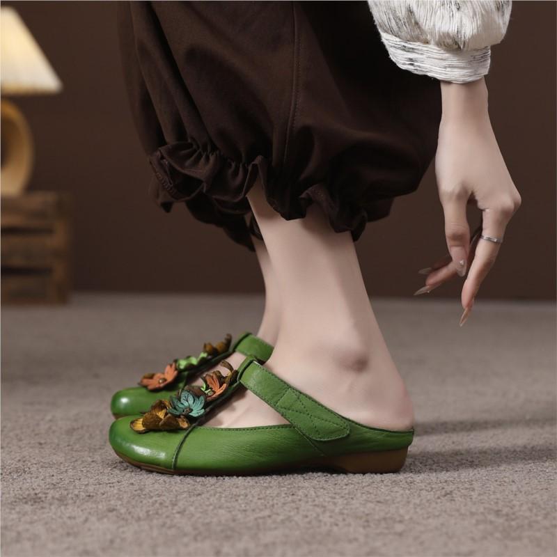 Johnature Retro Genuine Leather Colored Flower Round Toe Slippers Soft Soled Low Heel Comfortable Women's Slides