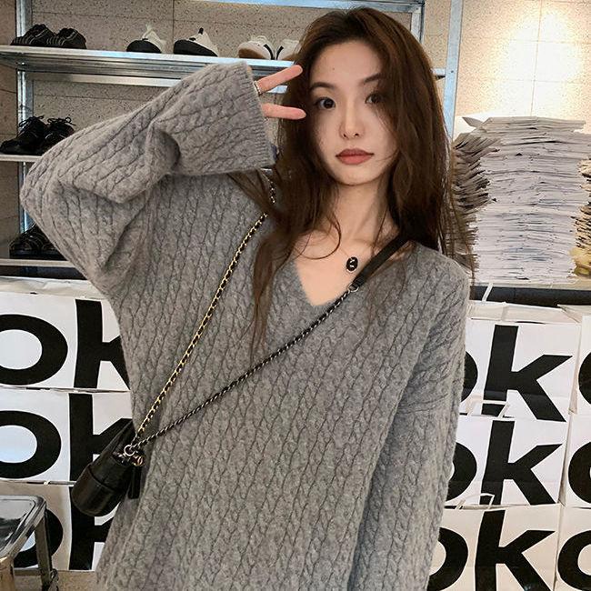 Retro Nische lose Pullover Pullover weiblich V-Ausschnitt Pullover Pullover Frauen weiche wachsartige süße Oberbekleidung gestrickte Twist Pullover weiblich