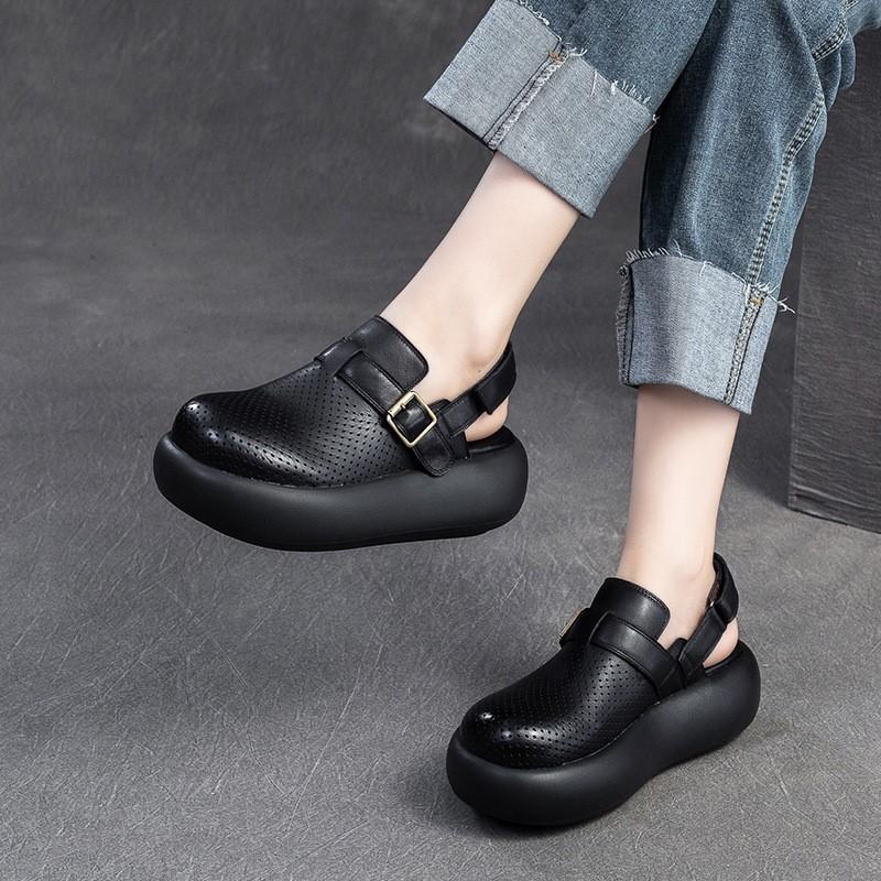 Johnature Retro-Sandalen mit runder Zehenpartie, atmungsaktiv, dicke Sohle, lässig, vielseitig, flache Plateauschuhe für Damen