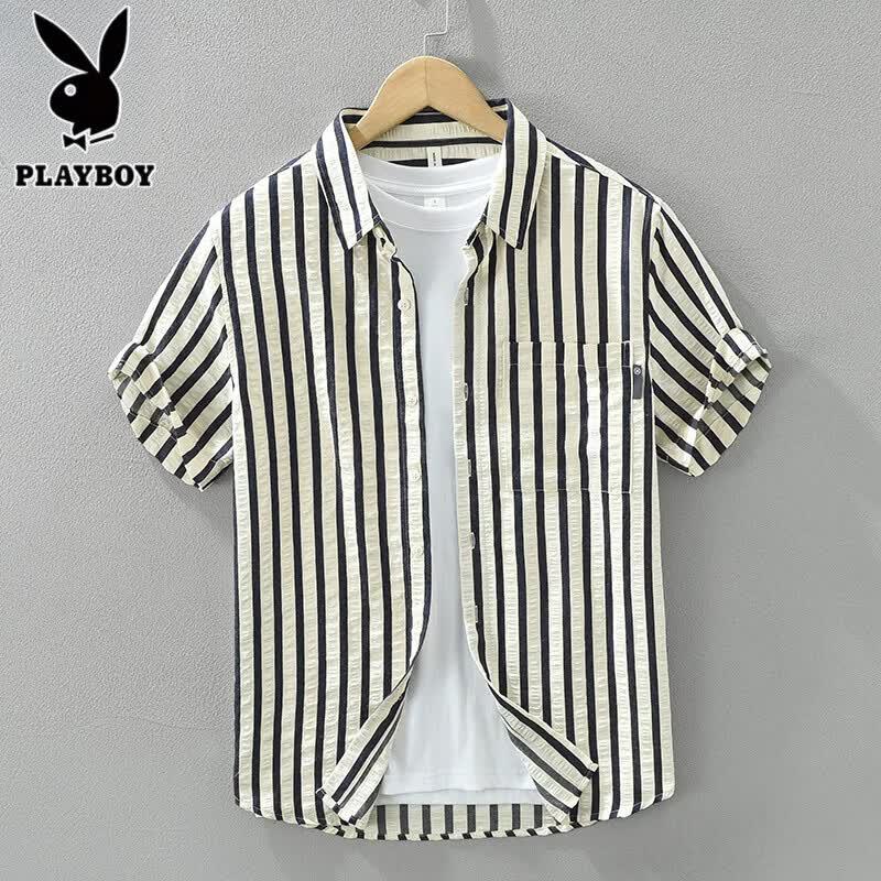 PLAYBOY Men s Striped Casual Short Sleeve Shirt M