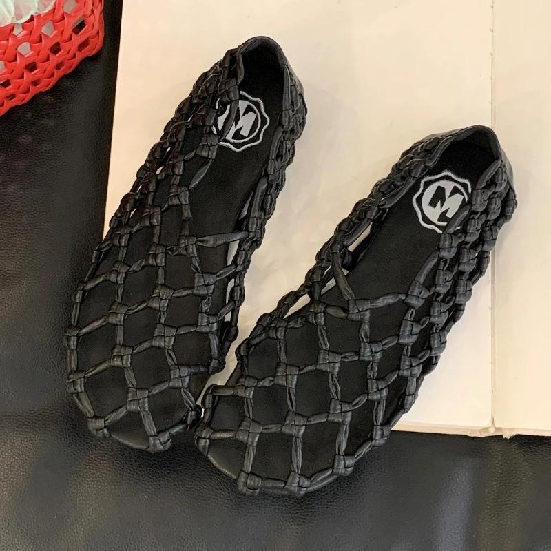 Плетеная сетчатая обувь Сандалии Женские Дышащие Легкие Нескользящие Пляжные Туфли Женская Мода Лето Плоские Туфли-балетки Женские 39 чёрный 8990₽