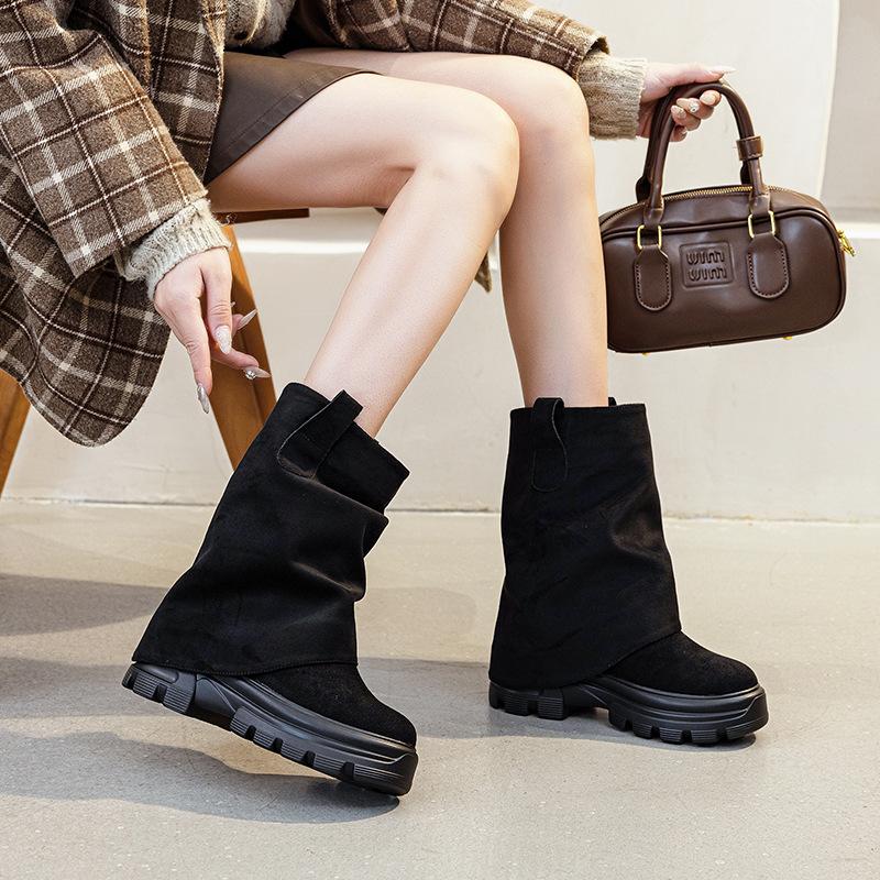 8CM Thick-soled Two-wear Removable Trouser Tube Boots Women's Autumn and Winter Double-layer Irregular Folds Design Sense Niche Tide