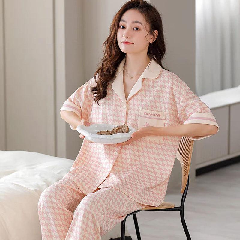 Summer Imitation Cotton Pajamas Women's Korean Simple Striped Women's Cardigan Short-sleeved Plus Size Casual Loungewear Set