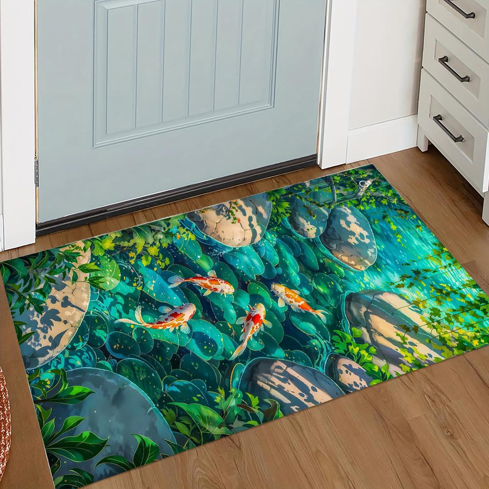 Lebhaftes Koi-Fischteich-Muster Fußmatte Realistischer Koi-Karpfen mit Lotusblättern Felsgarten-Design Fußmatte für Heim-Eingangsdekor